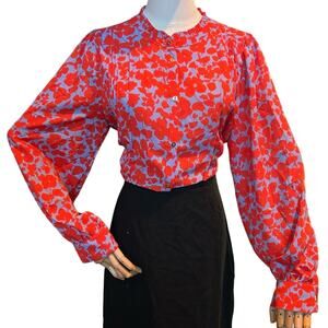 Ann Taylor Red Floral Ruffle Neck Puff Sleeve Blouse Large Boho Career Fun